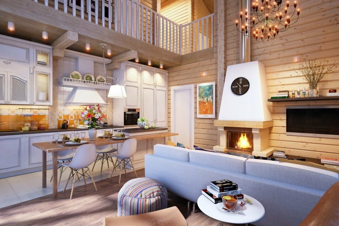 Wohnzimmereinrichtung in einem Holzhaus aus Holz: Foto der Gestaltung der kombinierten Räume
