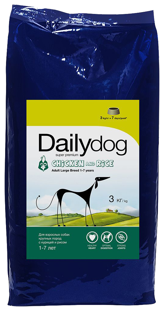 מזון יבש לכלבים Dailydog מבוגר גזע גדול, לגזעים גדולים, עוף ואורז, 3 ק" ג