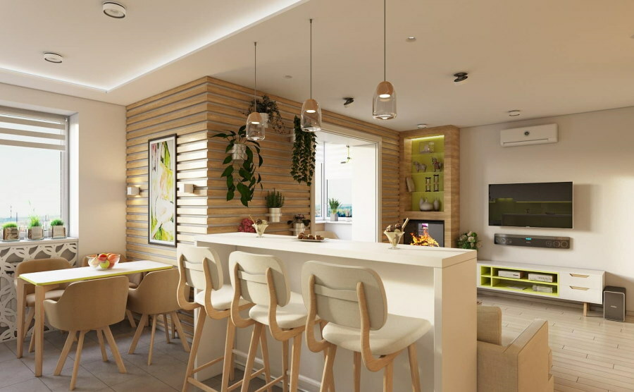 Eko štýl v interiérovom dizajne jedálne a obývačky