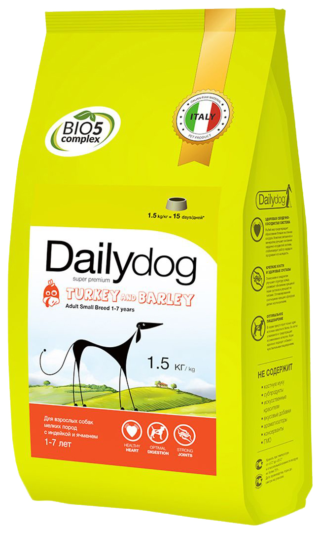 מזון יבש לכלבים Dailydog מבוגר גזע קטן, לגזעים קטנים, הודו ועורה, 1.5 ק" ג