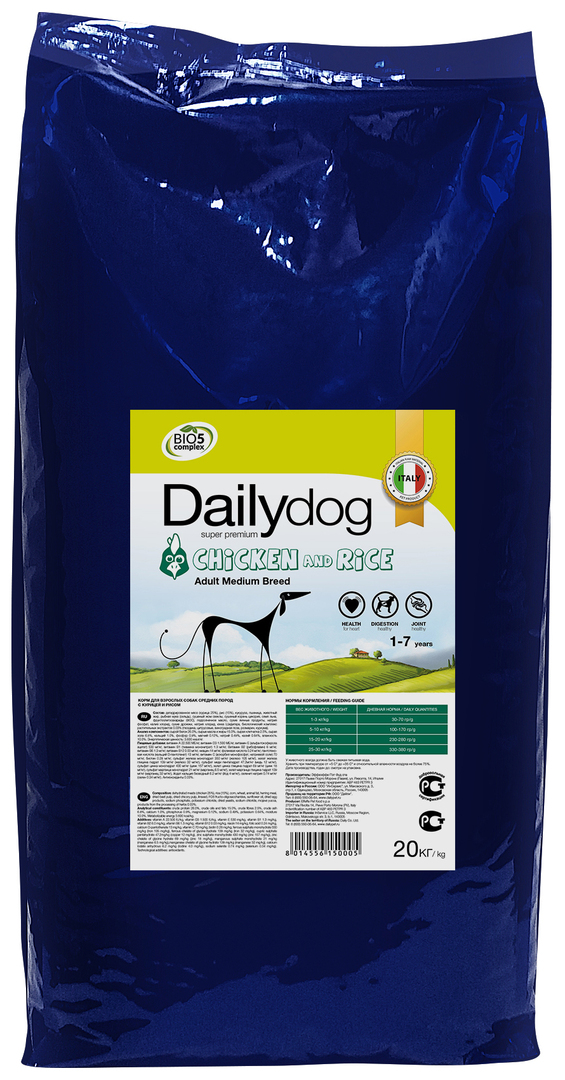 Trockenfutter für Hunde Dailydog Adult Medium Breed, für mittlere Rassen, Huhn und Reis, 20kg