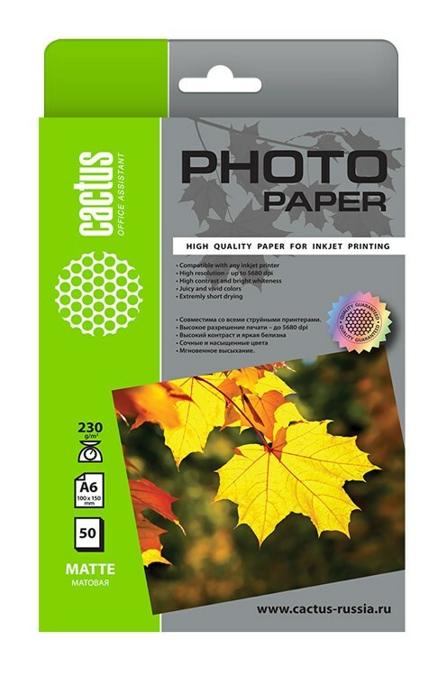 Fotoğraf kağıdı Cactus CS-MA623050 10x15, 230g / m2, 50L, mürekkep püskürtmeli baskı için beyaz mat