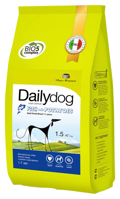 מזון יבש לכלבים Dailydog מבוגר גזע קטן, לגזעים קטנים, דגים ותפוחי אדמה, 1.5 ק" ג
