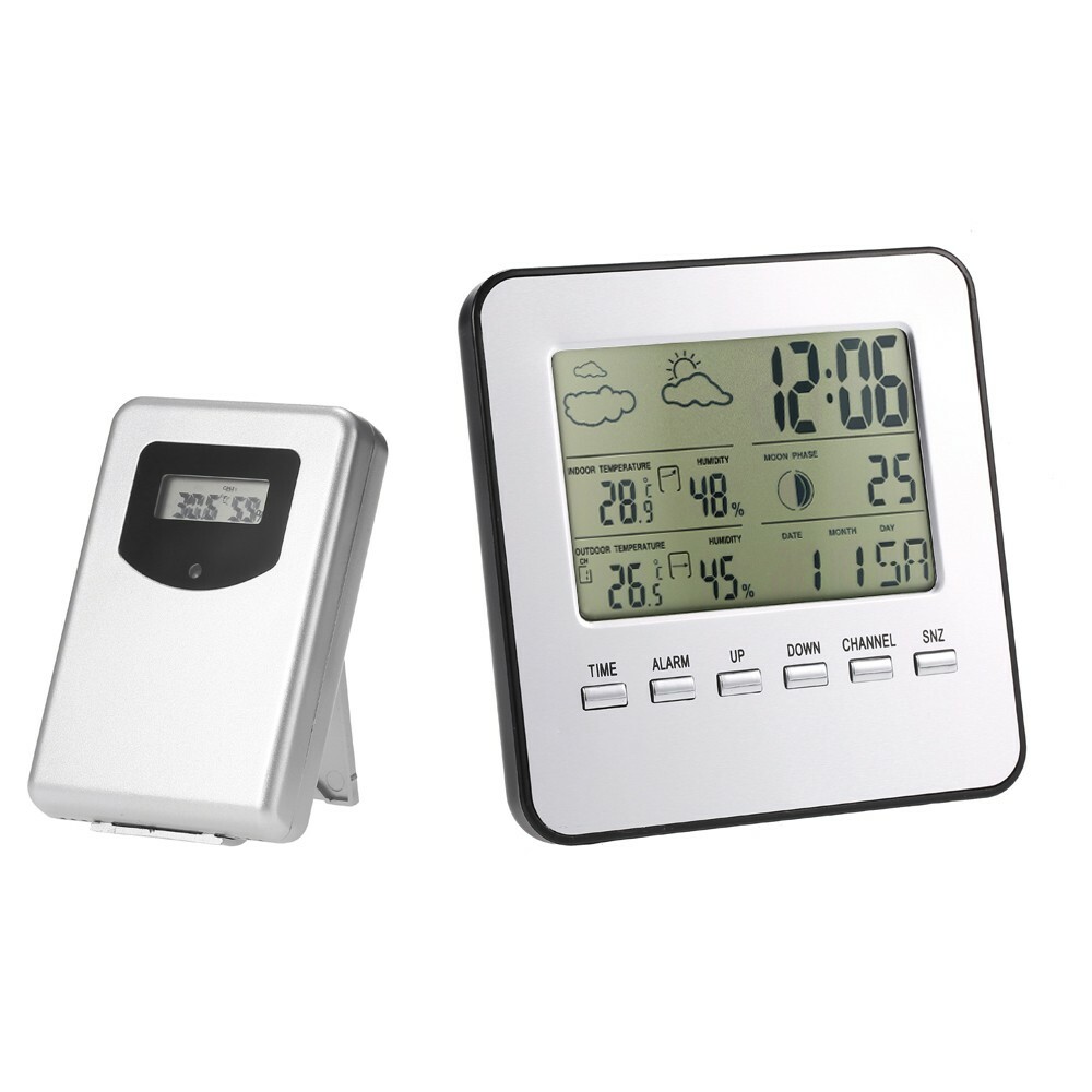 Indoor Digital Outdoor Thermometer Hygrometer Drahtlose Wetterstation Uhr LCD Kalender Alarm Mondphasenanzeige