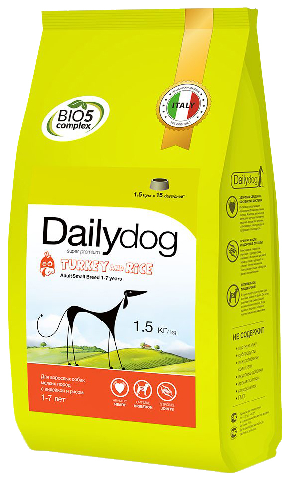 מזון יבש לכלבים Dailydog מבוגר גזע קטן, לגזעים קטנים, הודו ואורז, 1.5 ק" ג