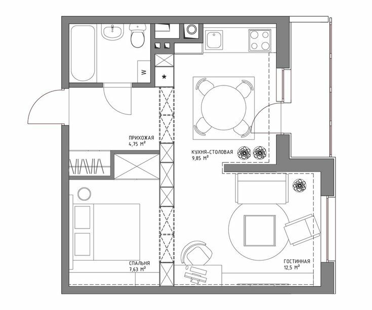Plán jednopokojového bytu o rozloze 44 metrů čtverečních