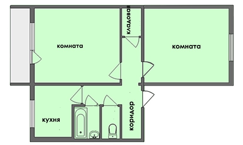 Kahetoalise korteri-brežnevka paigutus, mille pindala on 70 ruutmeetrit