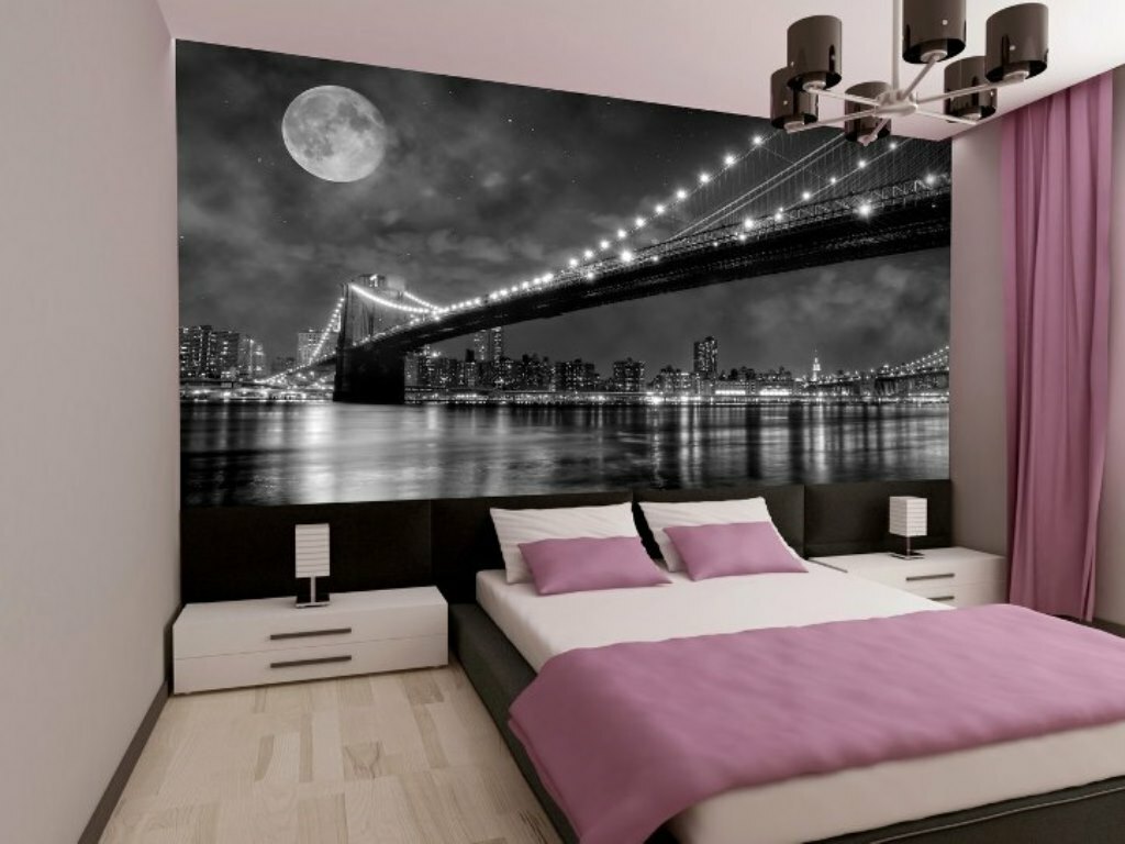 grau-rosa Schlafzimmer mit Fototapete