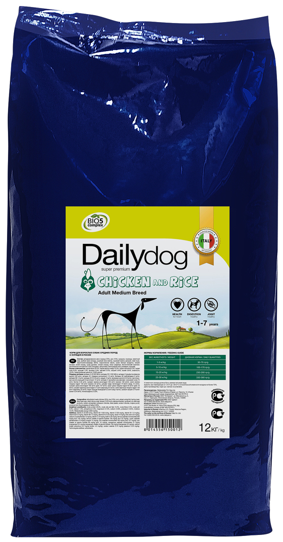Trockenfutter für Hunde Dailydog Adult Medium Breed, für mittlere Rassen, Huhn und Reis, 12kg