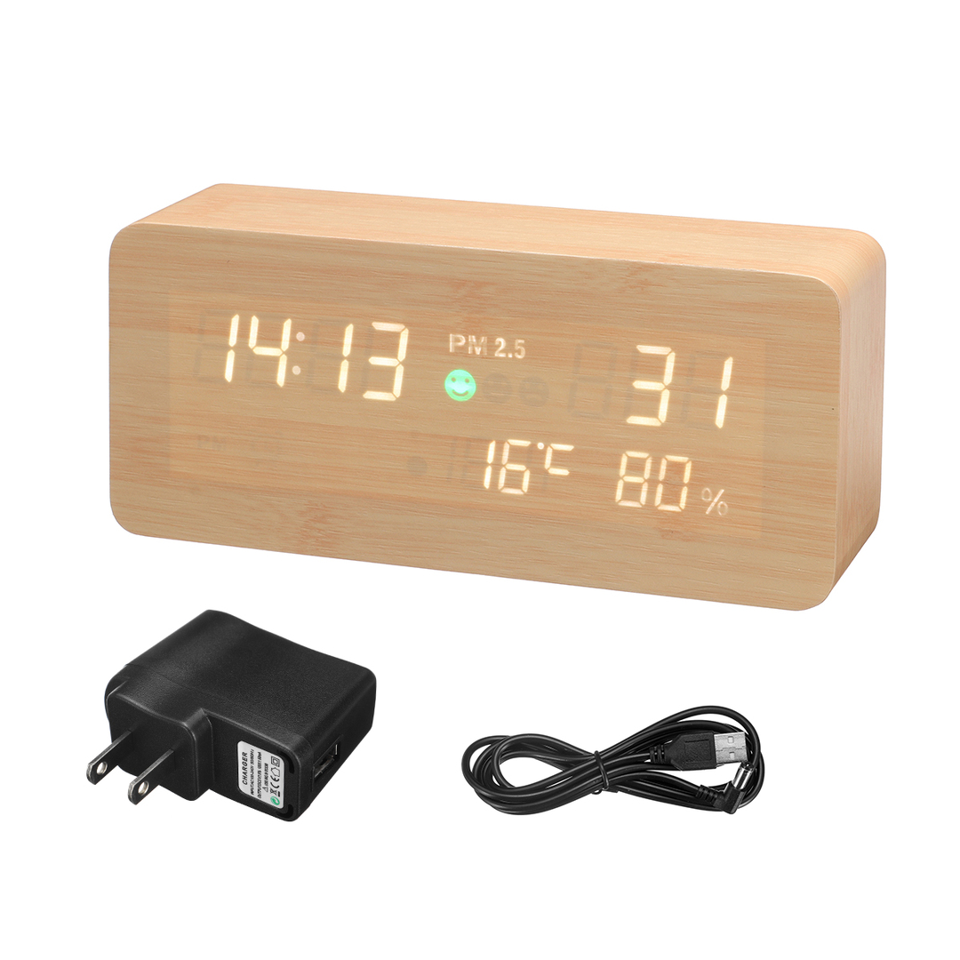 Holz LED PM2.5 Luftdetektor Digitaler Wecker Kalender Temperatur Luftfeuchtigkeit Luftqualitätstester