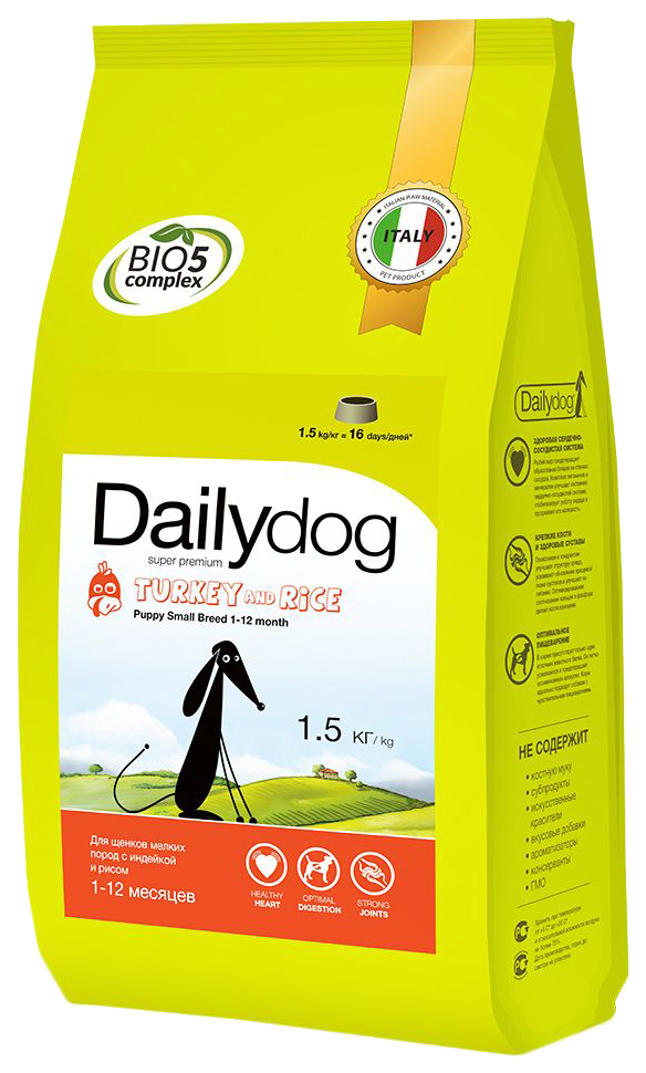 מזון יבש לגורים Dailydog גור גזע קטן, לגזעים קטנים, הודו ואורז, 1.5 ק" ג