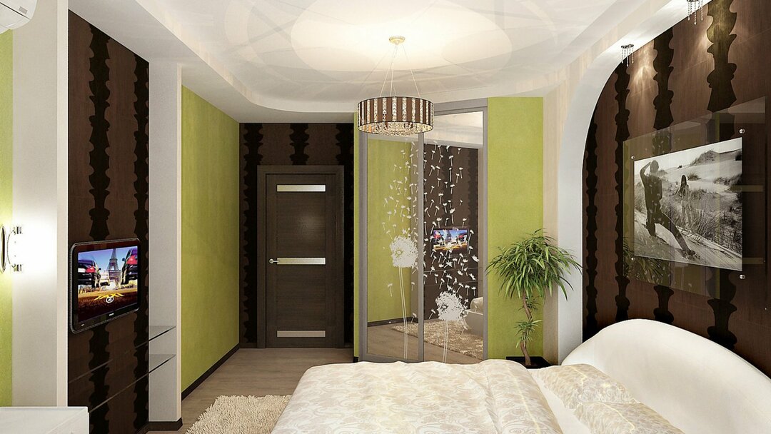 Dormitorio en tonos chocolate: opciones para cortinas y papel tapiz para el interior de la habitación, foto.