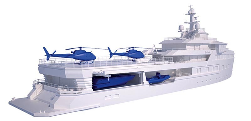 Die Yacht ist mit der neuesten Technologie, einem Hubschrauberlandeplatz auf dem Oberdeck, einem Bathyscaphe, Schneemobilen und Jetskis ausgestattet