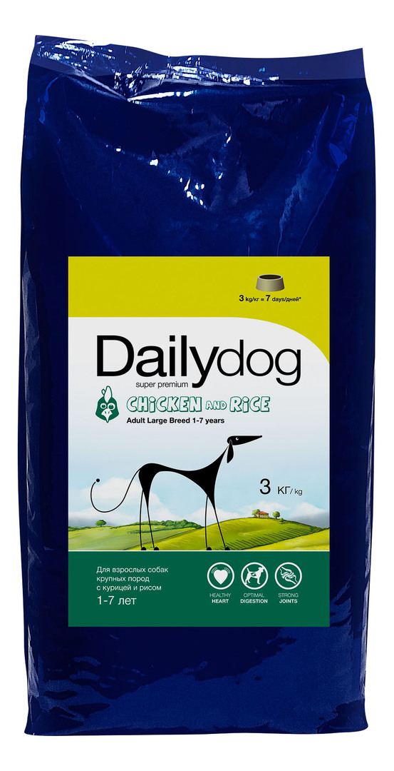 מזון יבש לכלבים Dailydog מבוגר גזע גדול, לגזעים גדולים, עוף ואורז, 3 ק" ג