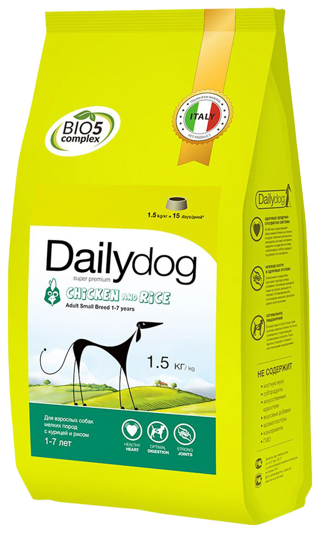 מזון יבש לכלבים Dailydog מבוגר גזע קטן, לגזעים קטנים, עוף ואורז, 1.5 ק" ג