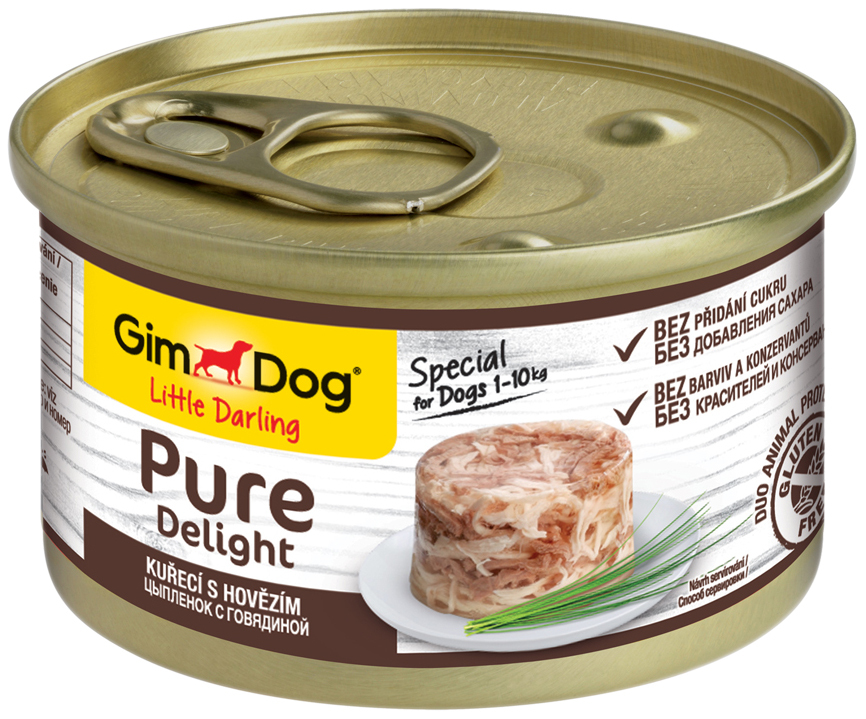 Konzervy pre psov GIMDOG Pure Delight, hovädzie, kuracie, 85g