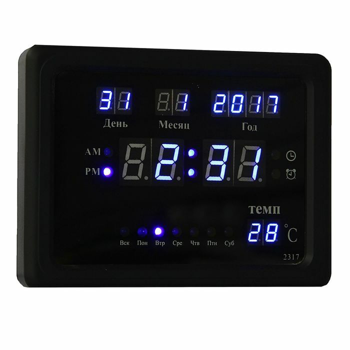Elektronische Wanduhr: Zeit, Wecker, Kalender, blaue Zahlen, schwarzer Rand