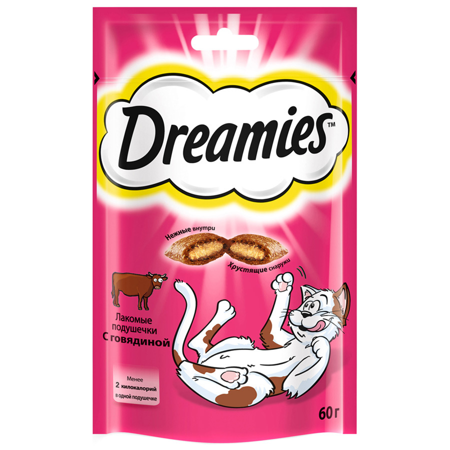 Deliciosas almofadas para gatos adultos Dreamies com carne, 60g