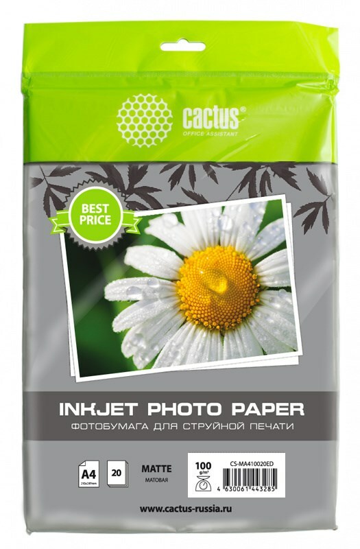 Fotoğraf kağıdı Cactus CS-MA410020ED A4, 100g / m2, 20L, mürekkep püskürtmeli baskı için beyaz mat