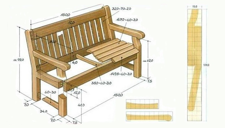 Diagrama de un banco de madera con dimensiones.