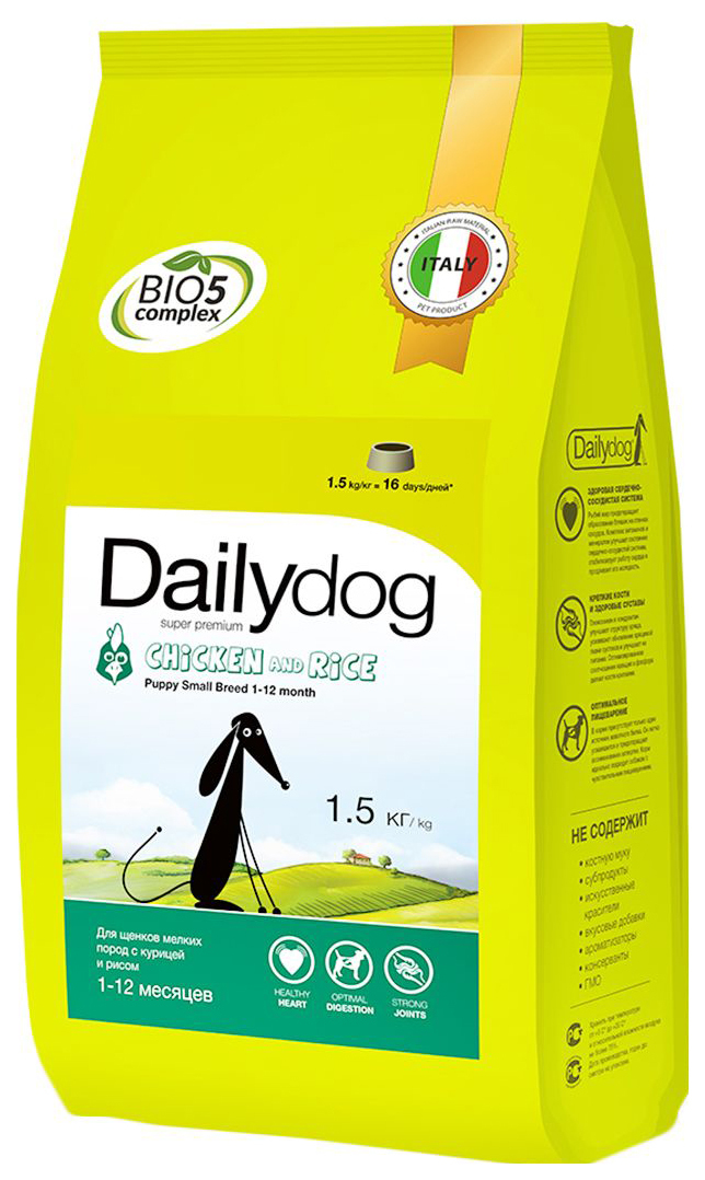 מזון יבש לגורים Dailydog גור גזע קטן, לגזעים קטנים, עוף ואורז, 1.5 ק" ג