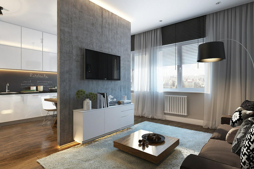 Divisória cinza em um apartamento de um quarto