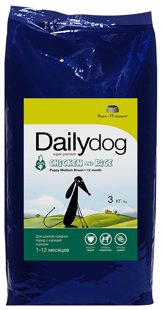 מזון יבש לגורים Dailydog גור גזע בינוני, לגזעים בינוניים, עוף ואורז, 3 ק" ג