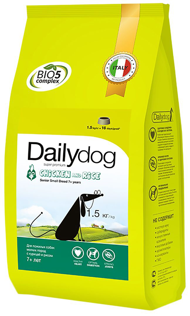 מזון יבש לכלבים Dailydog גזע קטן בכיר, לקשישים, עוף ואורז, 1.5 ק" ג
