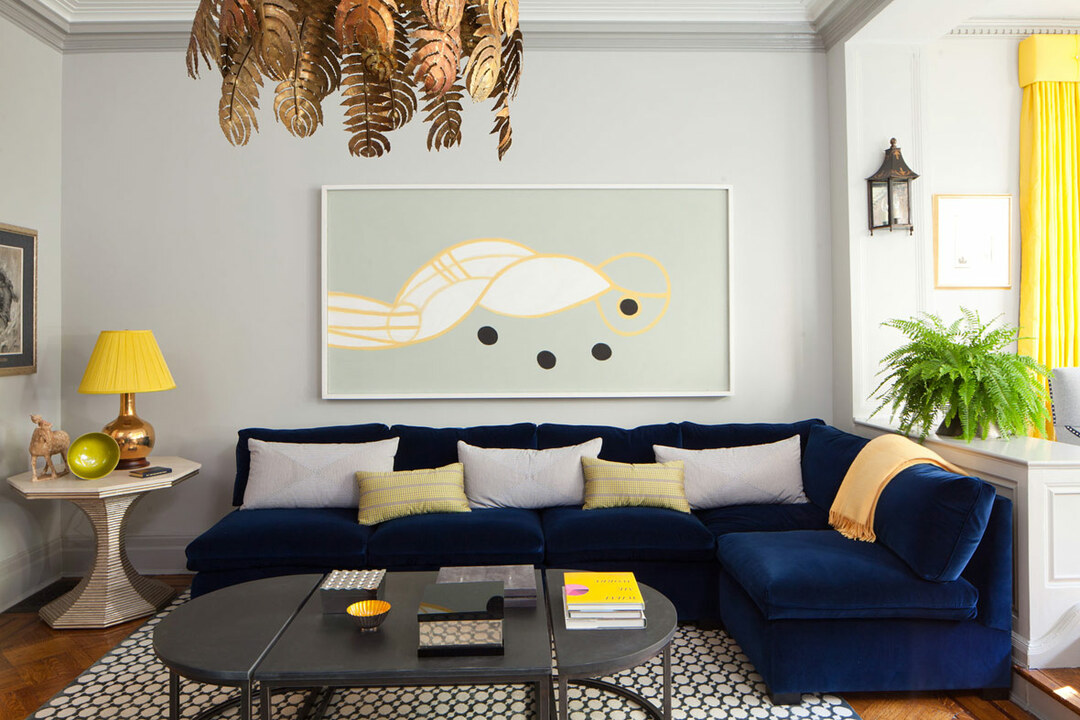Divano blu nell'interno del soggiorno: foto di interior design in vari stili