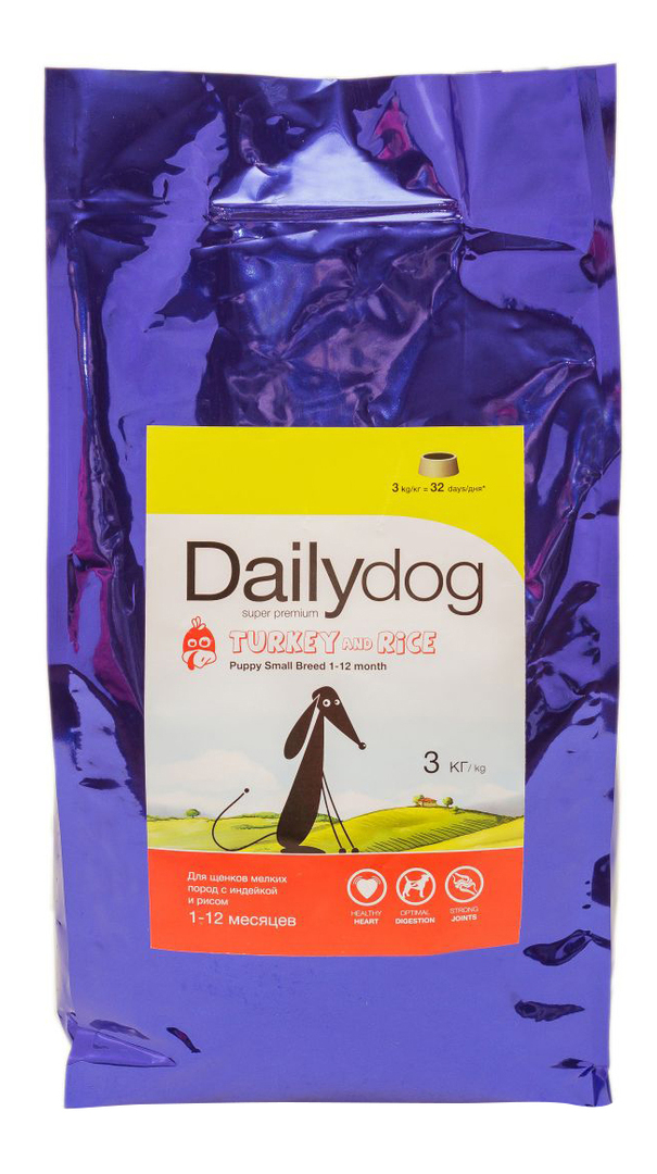 מזון יבש לגורים Dailydog גור גזע קטן, לגזעים קטנים, הודו ואורז, 3 ק" ג