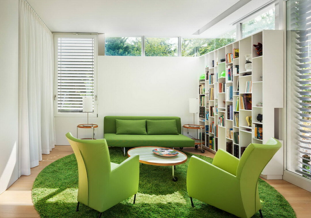 Zelená pohovka v interiéri obývačky: fotografia zaujímavého dizajnu miestnosti