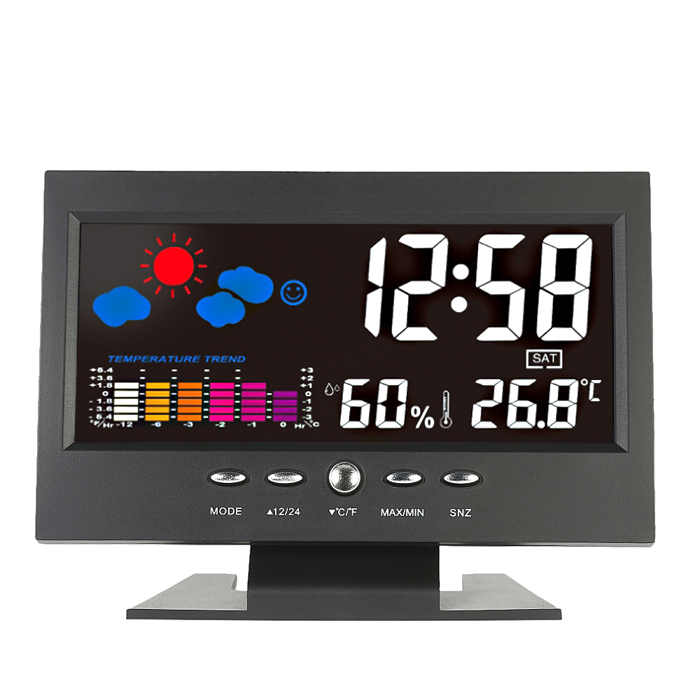 Digitales Thermometer Wetterstation Hygrometer Wecker Temperatursensor Uhr mit LCD-Farbkalender Sprachaktivierte Hintergrundbeleuchtung