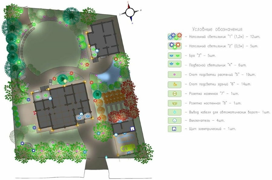 Forstadsområde belysningsplan med hus og garasje