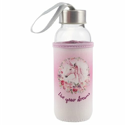 Flasche im Etui mit Unicorn Farbe mit Live your dreams Blumen (Glas) (300ml)