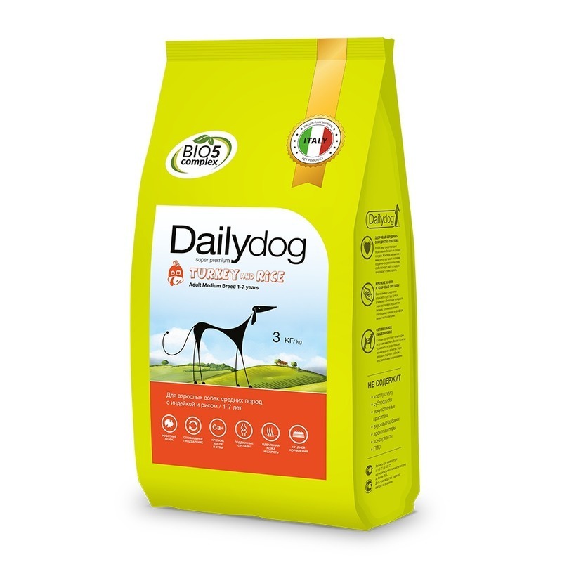 מזון יבש לכלבים Dailydog מבוגר גזע בינוני, לגזעים בינוניים, הודו ואורז, 3 ק" ג